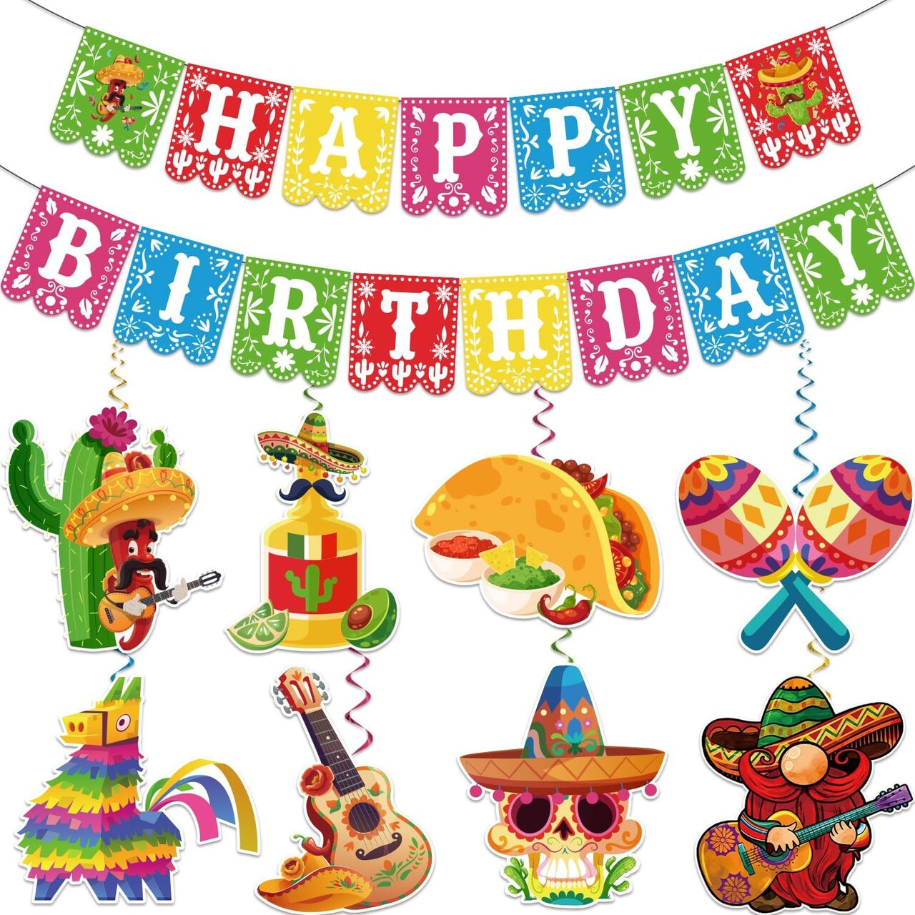 Pre-strung Taco Birthday Party Decorations, with 1pcs Fiesta Happy Birthday Banner, 8pcs Cinco De Mayo Hanging Swirls, Mexican Birthday Party Decorations, Fiesta Birthday Party Decorations